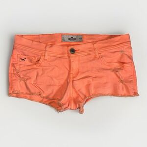 Hollister Womens Low Rise Denim Shorts Neon Coral Distressed 9 Micro Booty Y2K